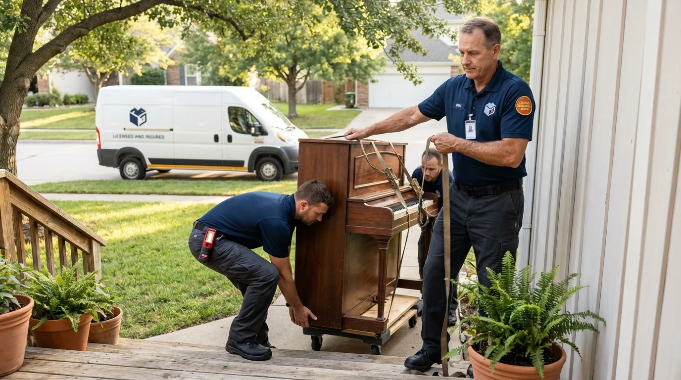Licensed piano movers securing grand piano in Springfield, NE