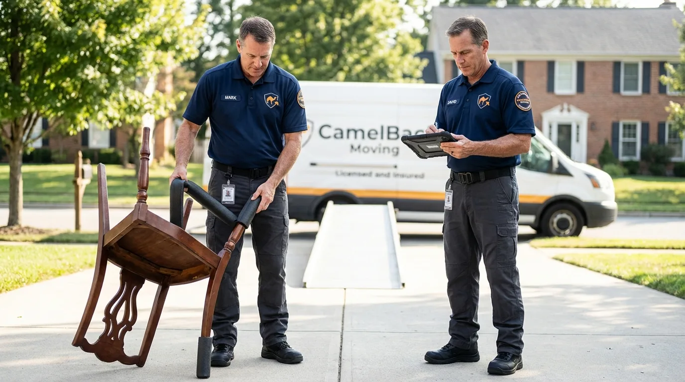 Movers inspecting furniture for damage prevention before loading in Springfield, NE