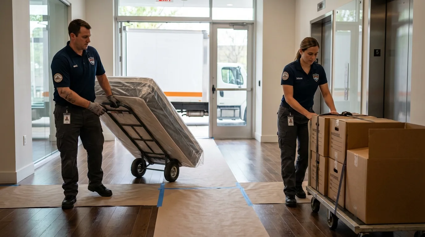 Professional apartment movers loading elevator in Springfield, NE